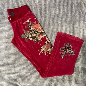 Ed Hardy Rare Vintage Velour Rhinestone Red Pants